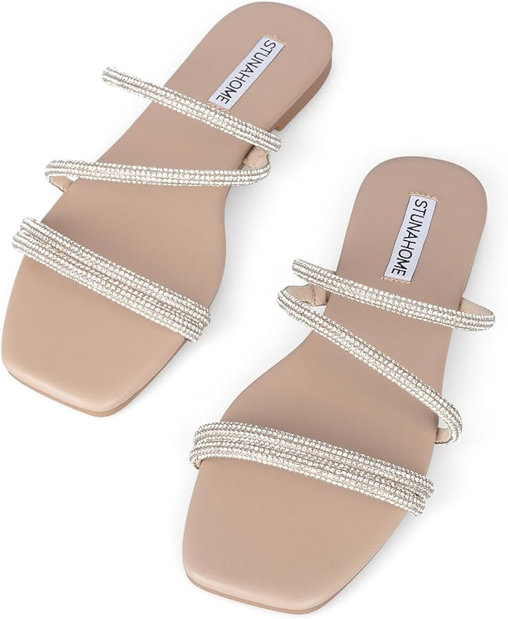 STUNAHOME Women's Rhinestone Thong Flat Sandals Open Toe Slide Sandals with Square Toe Bling Stra... | Amazon (US)