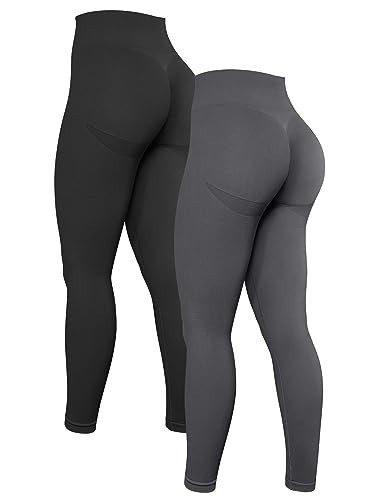 OQQ Women's 2 Piece High Waist Workout Butt Lifting Leggings Tummy Control Ruched Booty Smile Yoga Pants Black Darkgrey | Amazon (US)