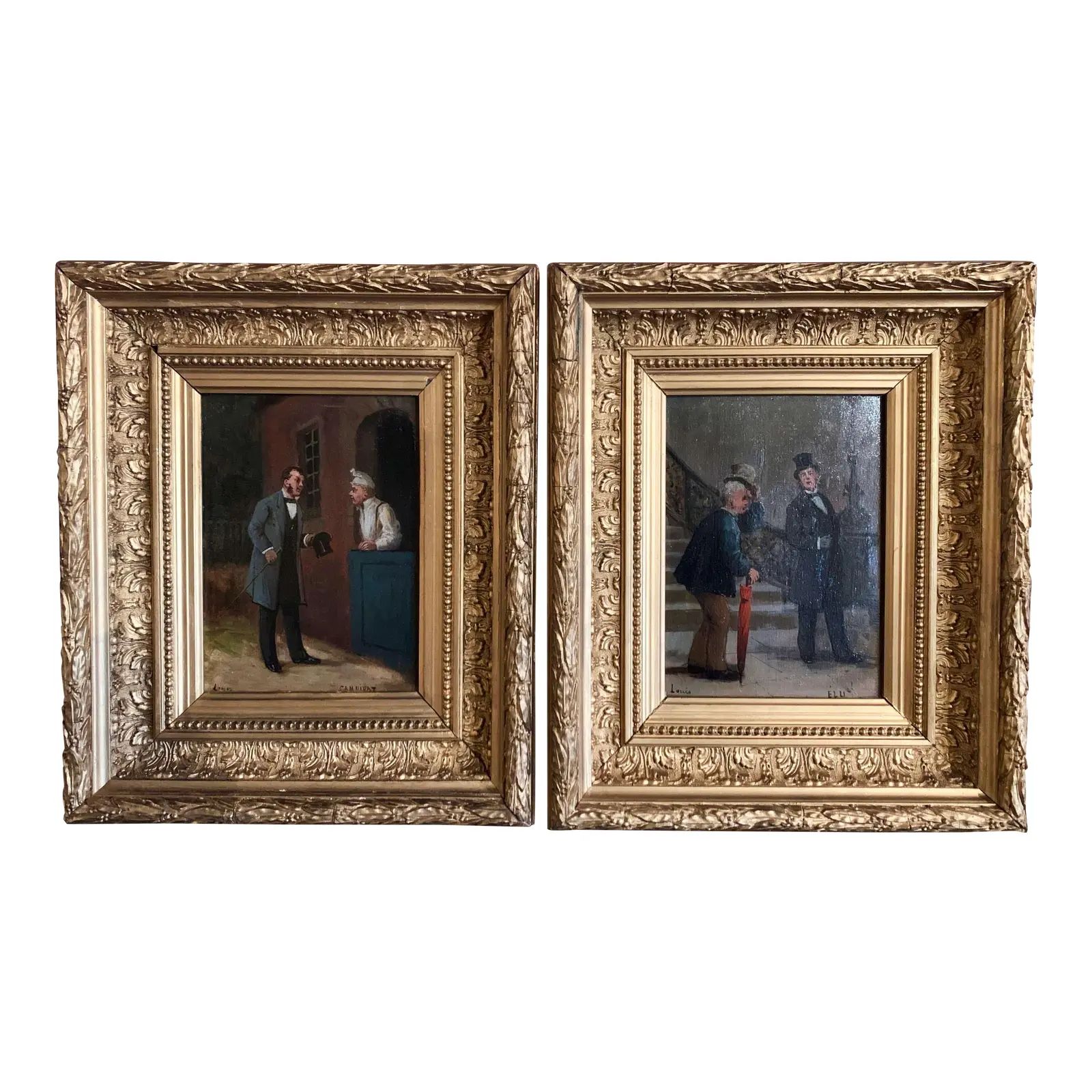 French Oil on Canvas Paintings in Gilt Frames Signed Louis - a Pair | Chairish