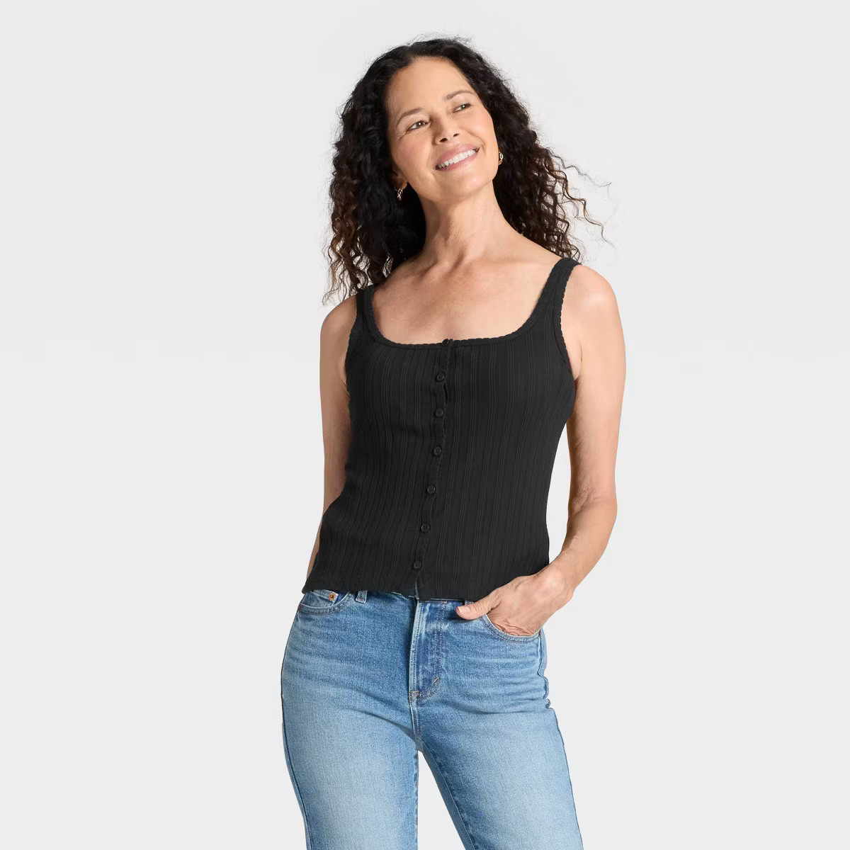 Women's Pointelle Button-Front Tank Top - Universal Thread™ Black XS | Target