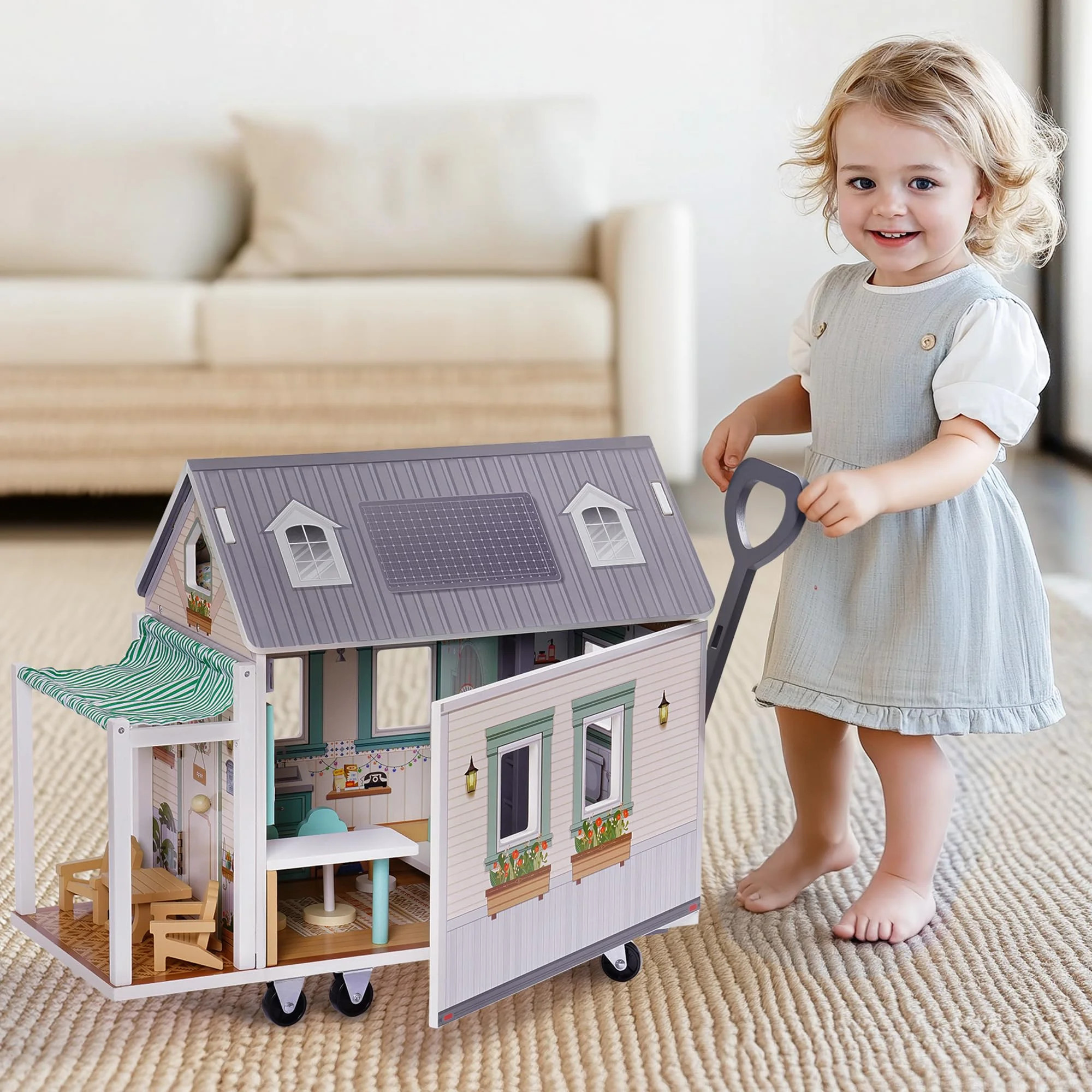 Robud Wooden Dollhouse with Wheels for Girls, Pretend Play RV Set Dollhouse Moveable with 10+Pcs ... | Walmart (US)