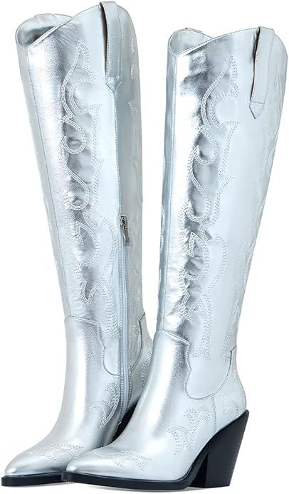 Erocalli Cowboy Boots for Women Cowgirl Knee High Boots Metallic Pull On Almond Toe Boots Embroid... | Amazon (CA)