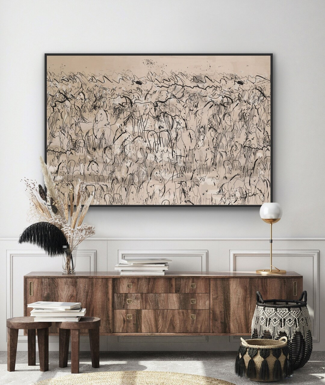 Herd of Horses Abstract Canvas Wall Art, Mid Century Modern Original Art Print, Large Wall Art Oi... | Etsy (US)