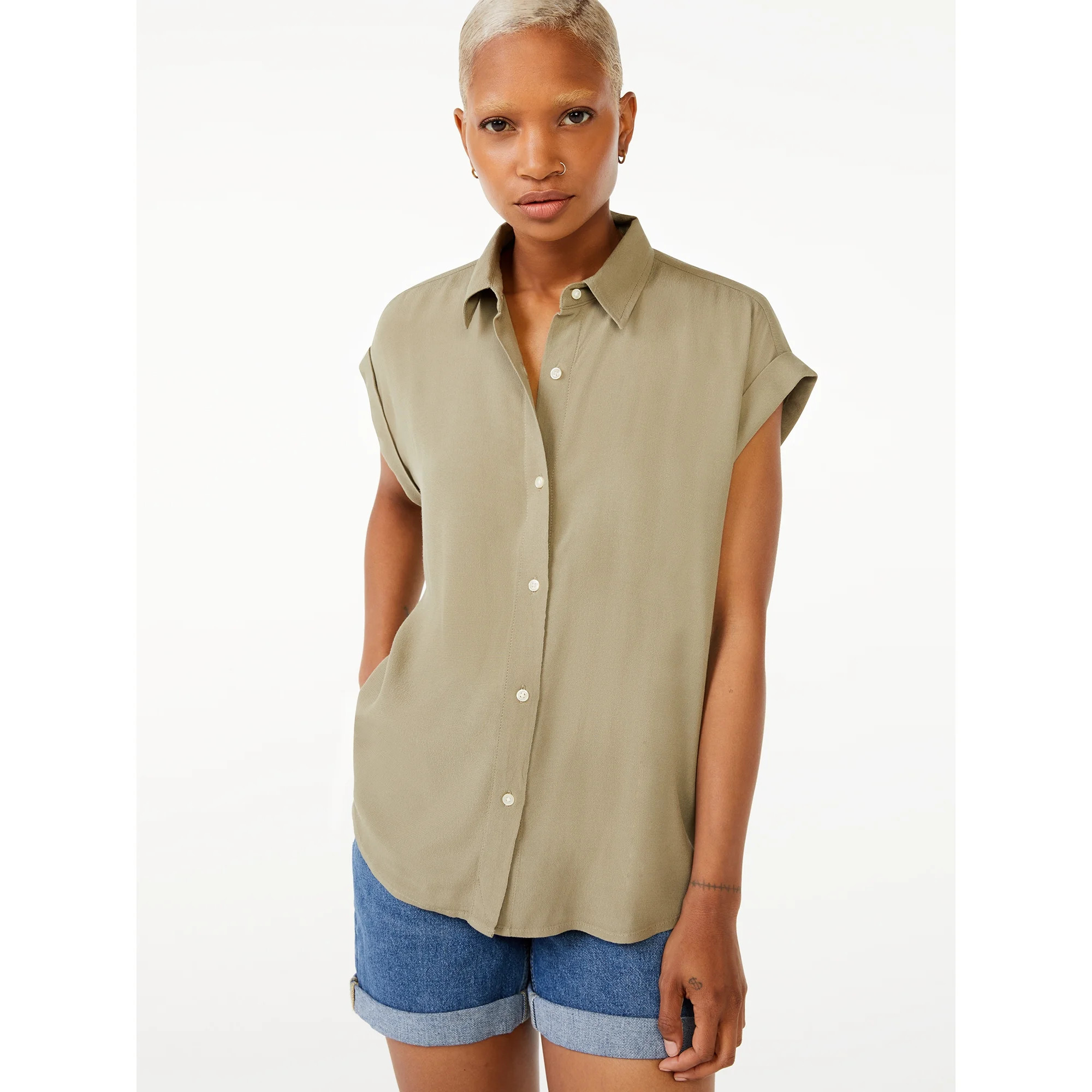 Free Assembly Women's Short Sleeve Button-Down Shirt | Walmart (US)
