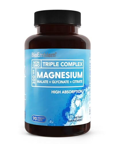 BioEmblem Triple Magnesium Complex | 300mg Magnesium Glycinate, Malate & Citrate | High Absorption Chelated Formula | Vegan, Non-GMO, Gluten-Free | 90 Capsules | Amazon (US)
