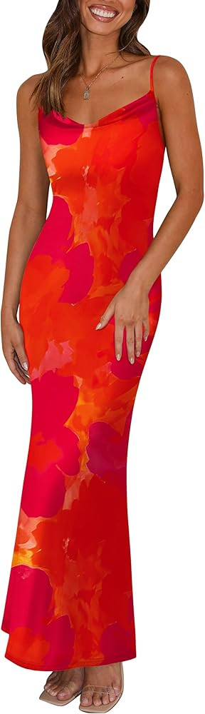 PRETTYGARDEN Women's 2026 Summer Floral Spaghetti Strap Maxi Dress Stretch Sexy Bodycon Dress Bac... | Amazon (US)