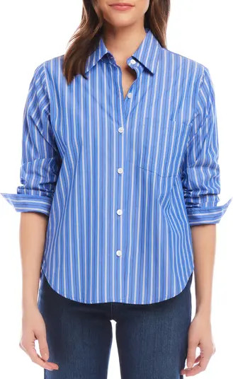 Karen Kane Stripe Ruched Sleeve Cotton Button-Up Shirt | Nordstrom | Nordstrom
