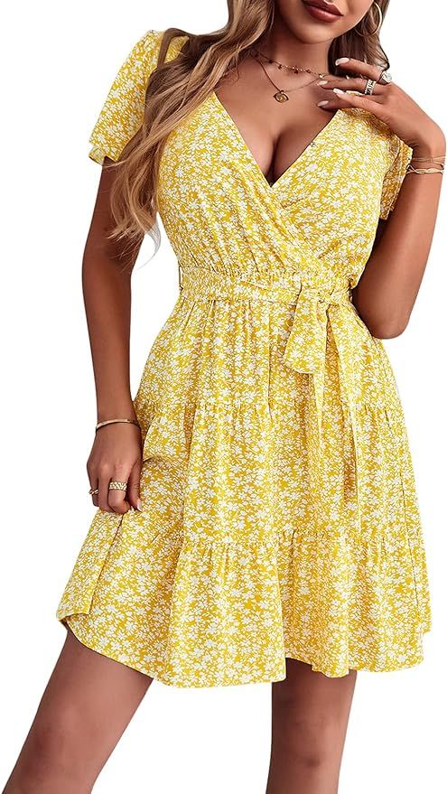 Yinos Women's Wrap V Neck Summer Dress for Women Short Sleeve Flora Print Dress A Line Beach Cute... | Amazon (US)
