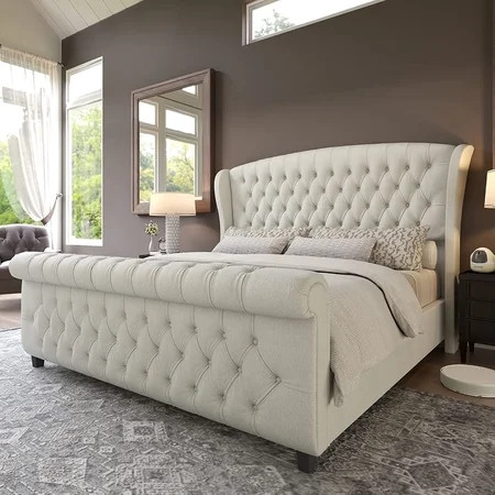 Merluxy Queen Size Platform Bed Frame, Chenille Upholstered Sleigh Bed with Scroll Wingback Headboard & Footboard/Button Tufted, Easy Assembly/Cream | Walmart (US)