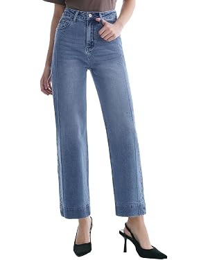 Women’s Straight Leg Jeans High Waisted Cropped Trendy Jeans Wide Leg Zipper Denim Pants | Amazon (US)