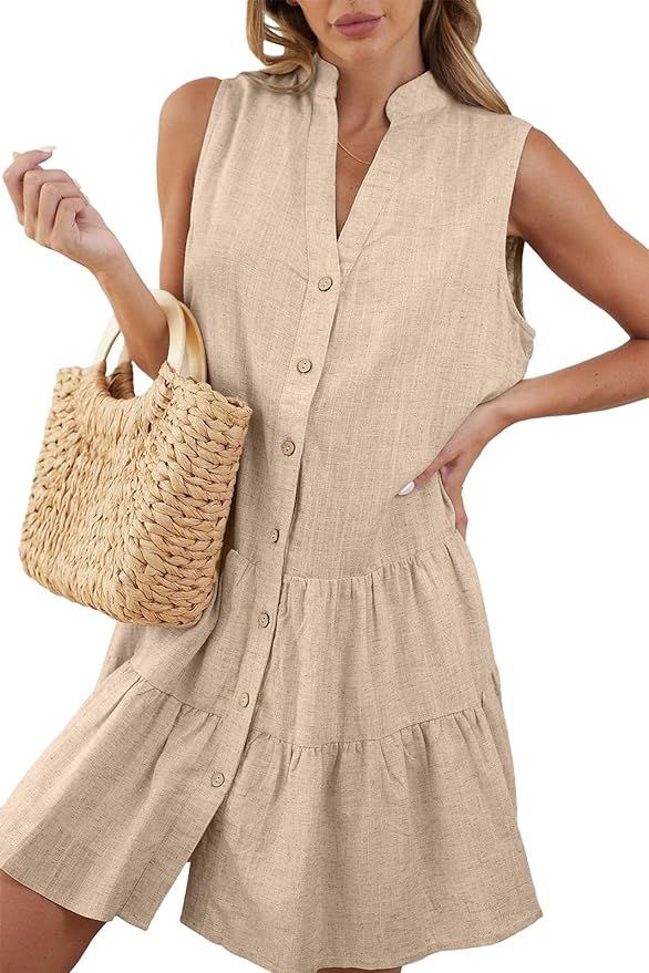 Fangetey Women's Casual Summer Sleeveless Dress V Neck Button Down Swing Dress Cute Linen Tunic D... | Amazon (US)