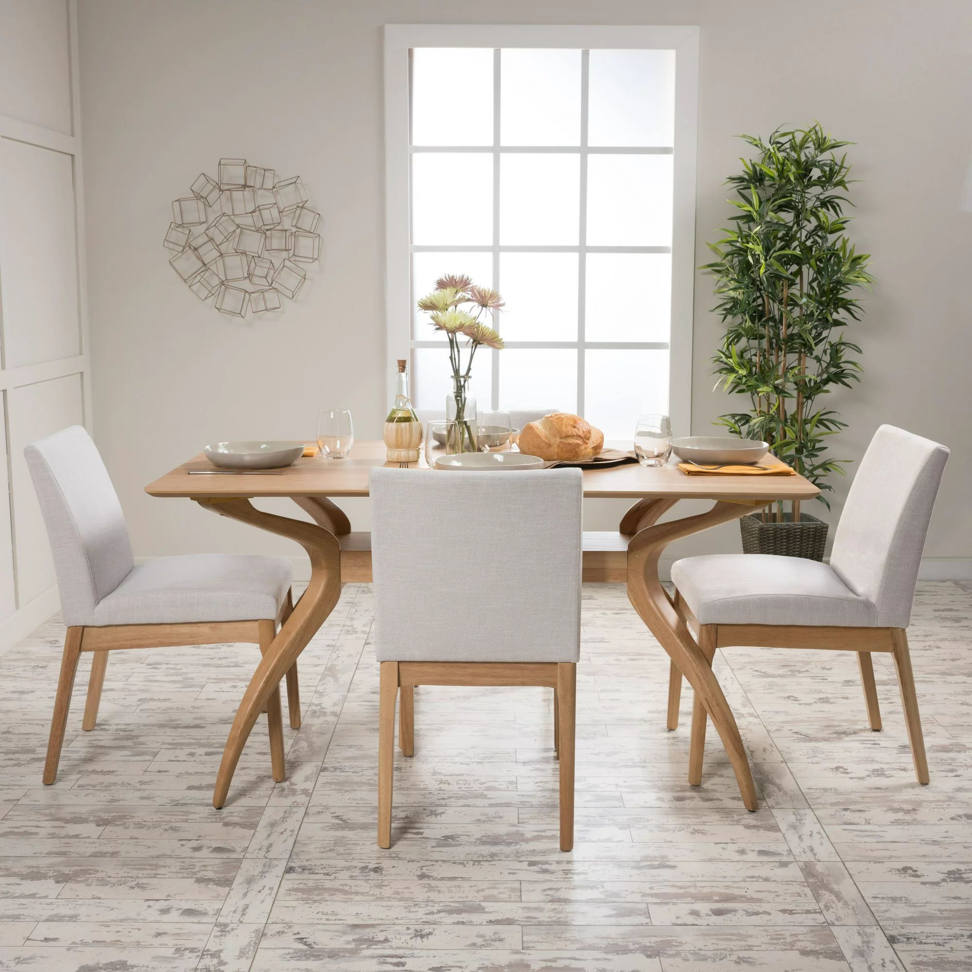 Noble House Caruso Mid-Century Modern 5 Piece Dining Set, Light Beige and Natural Oak | Walmart (US)