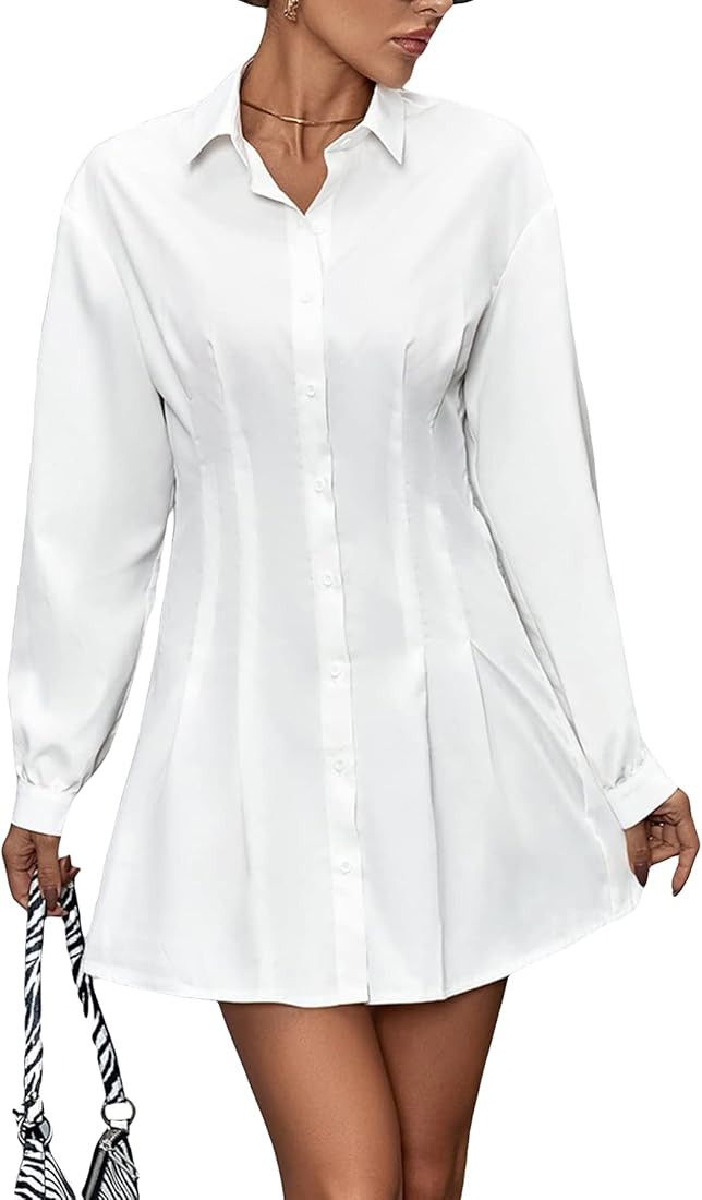 WDIRARA Women's Long Sleeve Solid Button Down Shirt Dress Flared Elegant Mini Dress | Amazon (US)