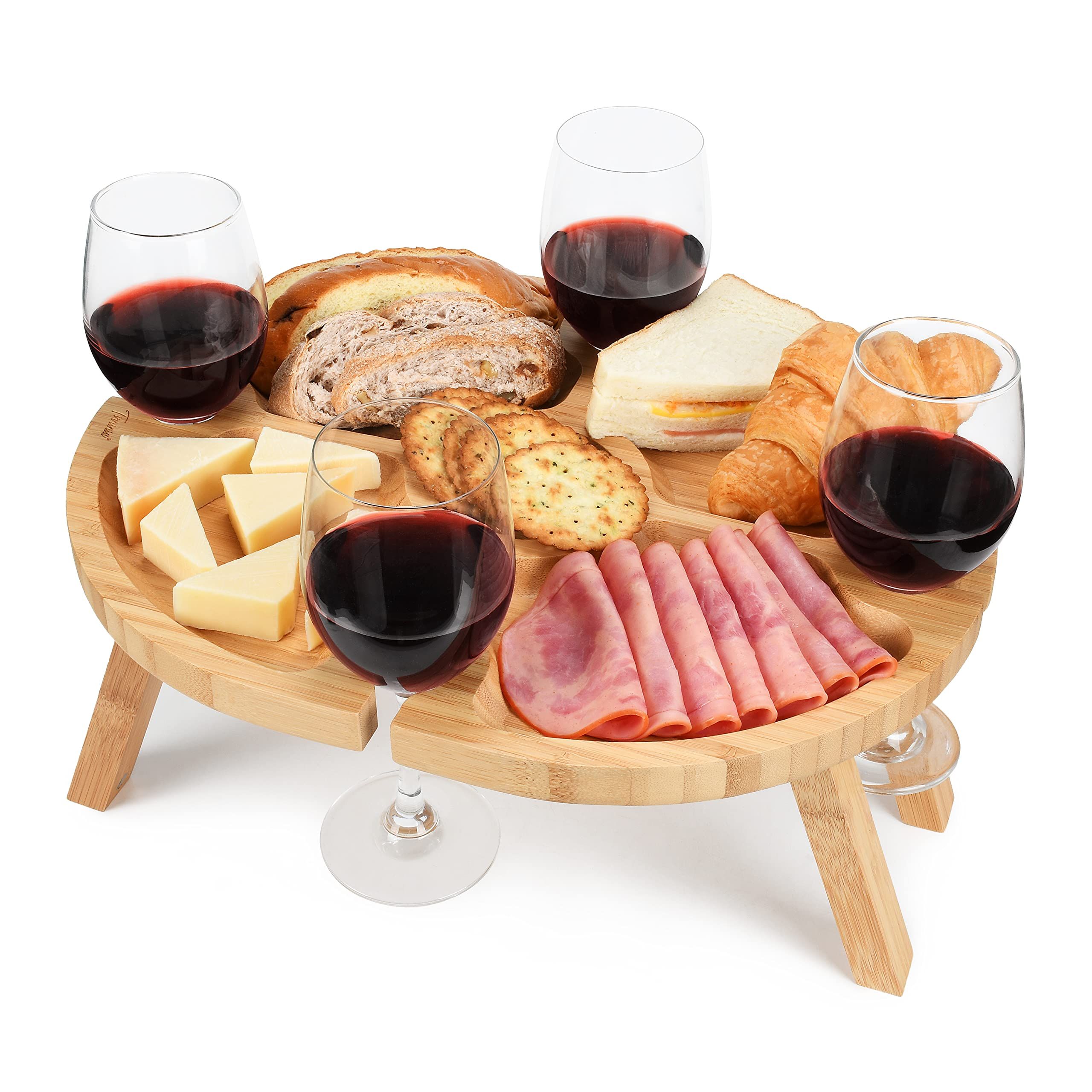 Tirrinia Portable Picnic Table with 4 Wine Glasses Holder, Functional Bamboo Snack Tray Table -Fo... | Amazon (US)