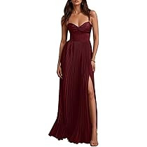 Satin Pleated Bridesmaid Dresses Long with Slit for Women Spaghetti Straps A Line Formal Evening ... | Amazon (US)