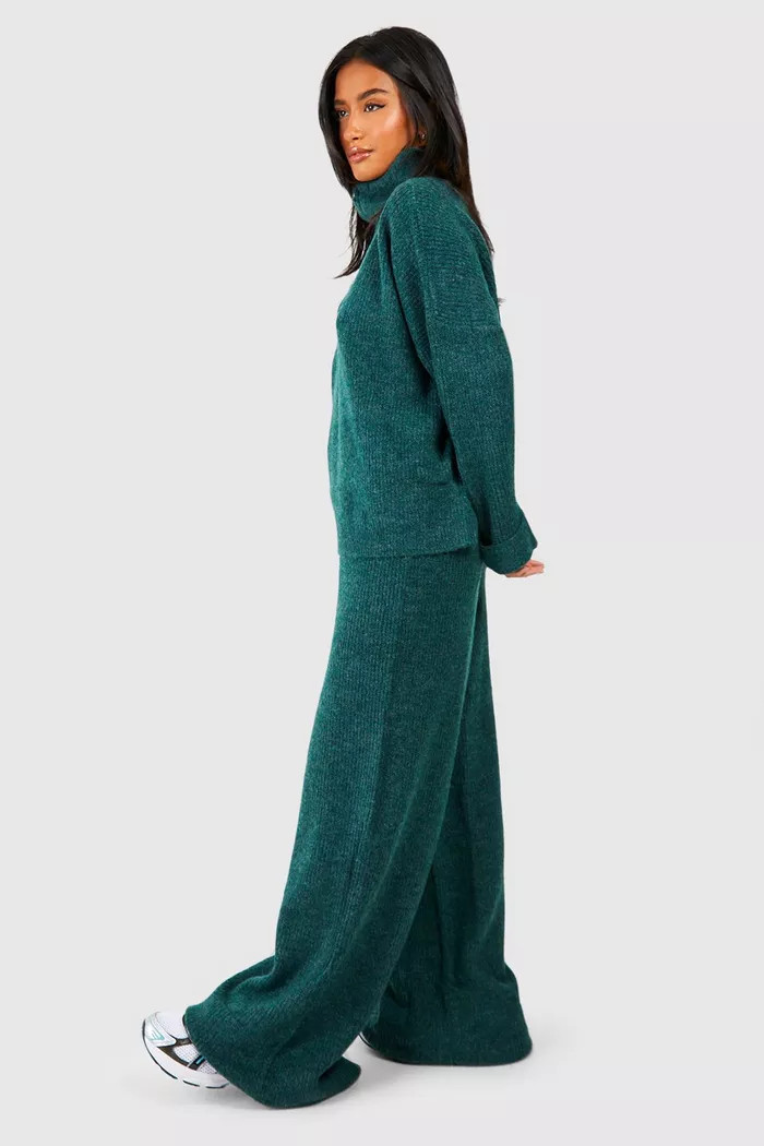 Petite Half Zip Funnel Neck And Wide Leg Trouser Knitted Set | Boohoo.com (UK & IE)