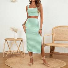 Womens Striped Square Neck Tank Top And Side Split Skirt Set | SHEIN