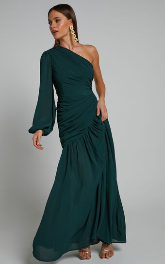 Grittah Midaxi Dress - One Shoulder Bishop Sleeve High Split Ruched Dress in Emerald | Showpo (US, UK & Europe)