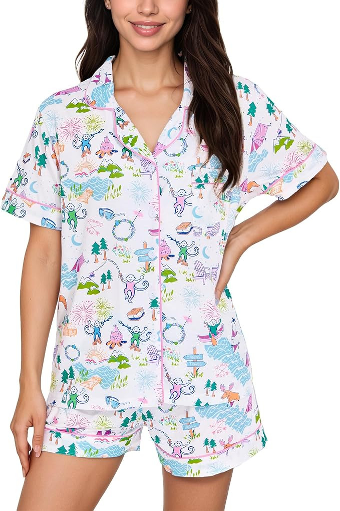 Women's Pajamas Set Button Down Ladies Summer Pajamas Monkey Printed Sleepwear Short Sleeve 2 Pc ... | Amazon (US)