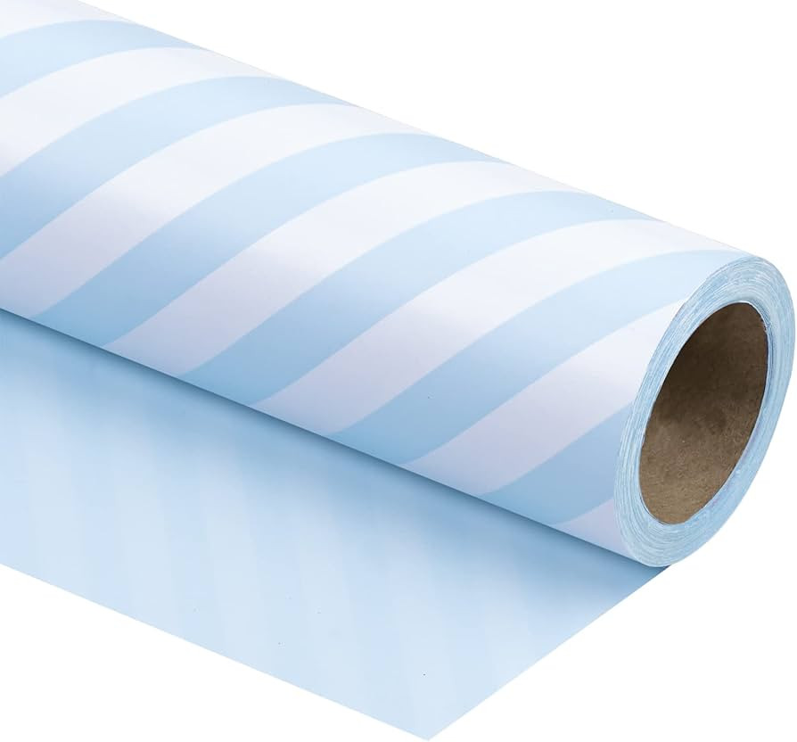 WRAPAHOLIC Reversible Wrapping Paper - Mini Roll - 17 Inch x 33 Feet - Baby Blue and Stripes Desi... | Amazon (US)