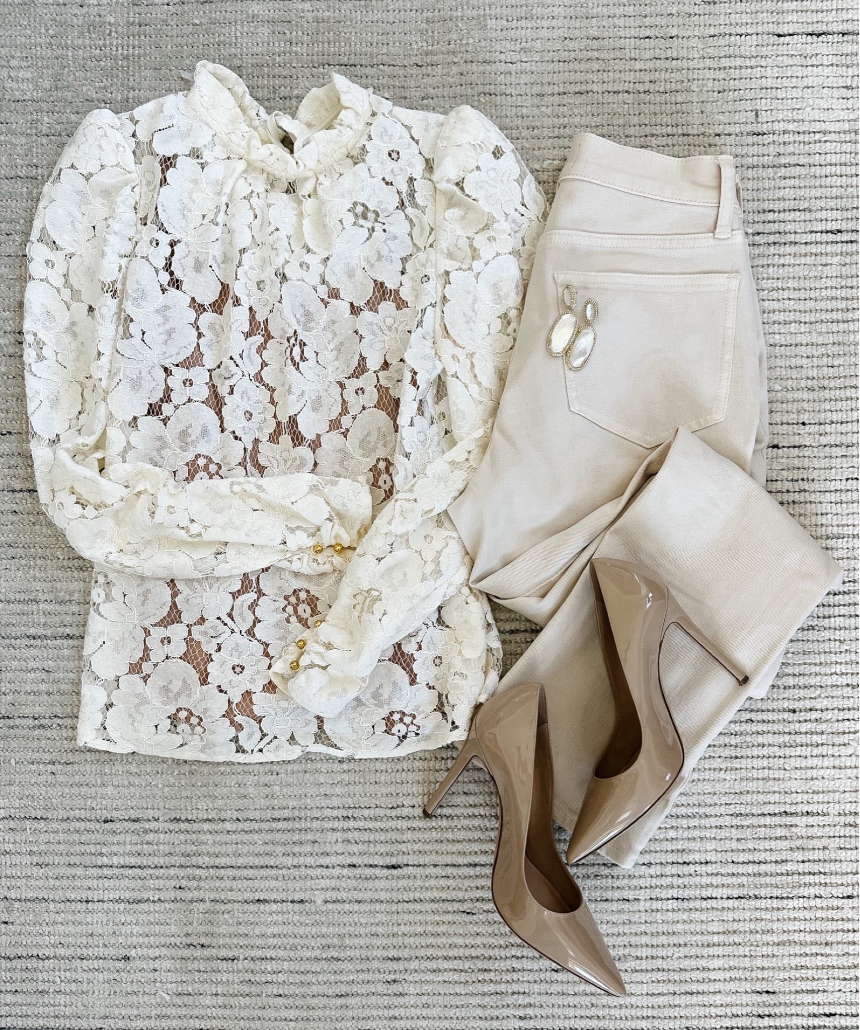 Smart casual fall and winter outfit with lace blouse paired with cream pants and pumps for a chic look. Can be dressed warmer with a coat and is perfect for casual workwear, teacher outfits, date night and more. 

#LTKStyleTip #LTKSeasonal