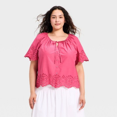 Women's Short Sleeve V-Neck Button-Front Eyelet Blouse - A New Day™ Pink 3X | Target