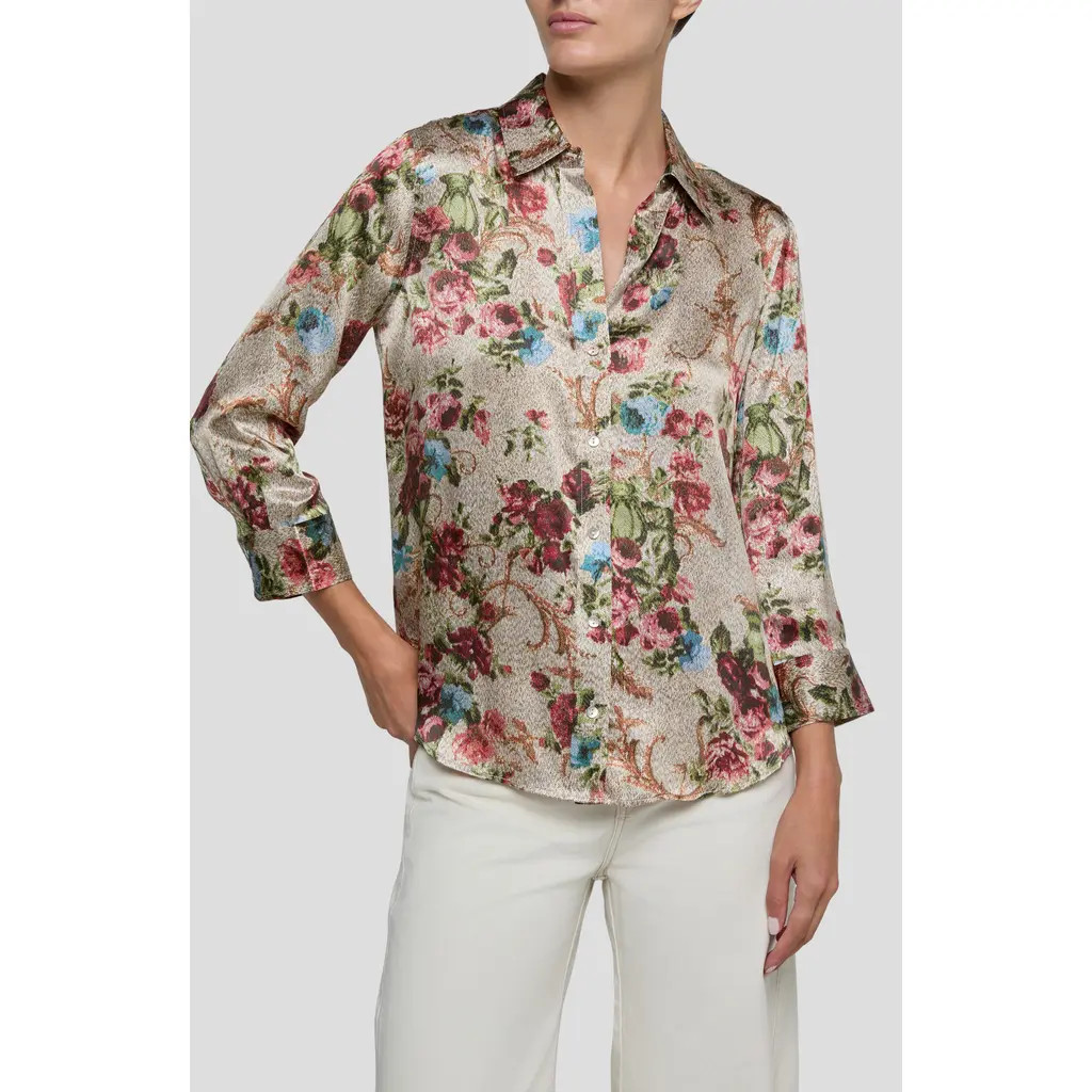 L'AGENCE Dani Floral Tapestry Print Three-Quarter Sleeve Silk Button-Up Shirt in Multi Floral Tapestry at Nordstrom, Size Small | Nordstrom