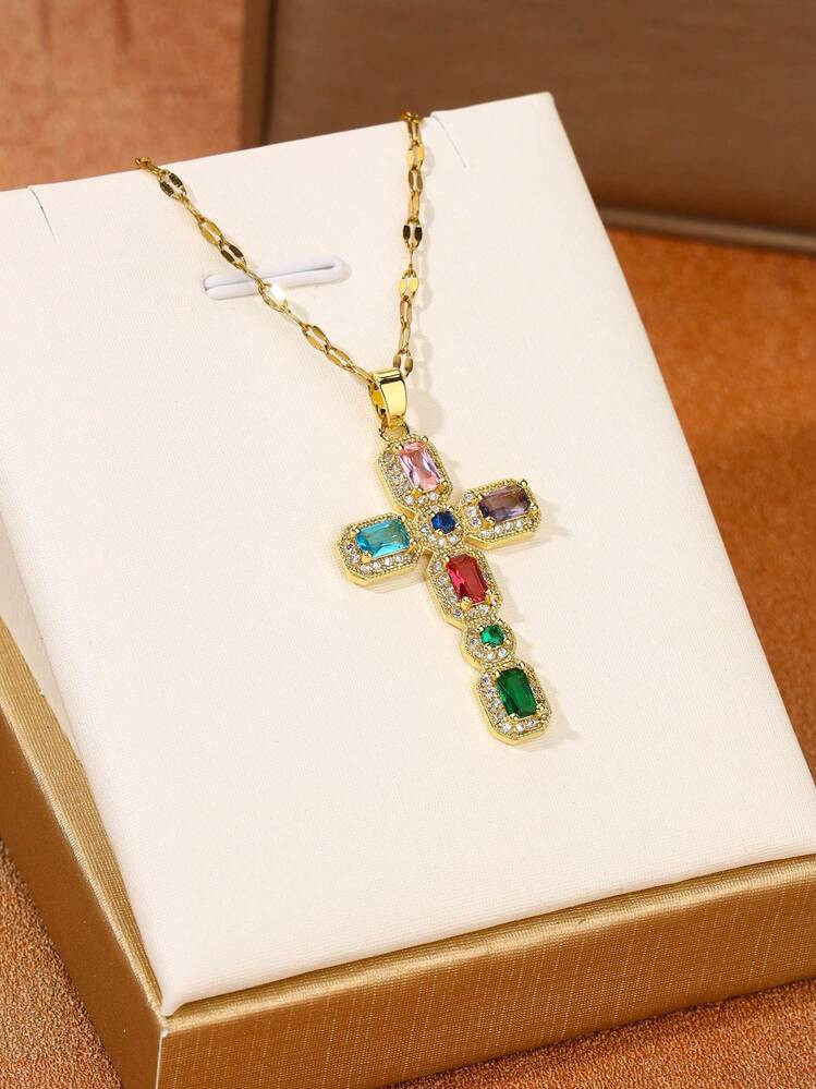 1pc Copper Cross Pendant Embedded With Multicolored Cubic Zirconia, Accompanied By Lip Chain Necklace Made Of Titanium Steel, Jewelry Present | SHEIN