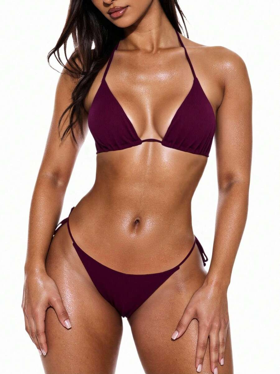 Oceva Solid Color Bikini Swimsuit Set - Halter Triangle Top & Cheeky Bottoms, For Beach Vacation ... | SHEIN