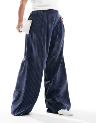 ASOS DESIGN Curve wide leg pull on pants in navy stripe | ASOS (Global)