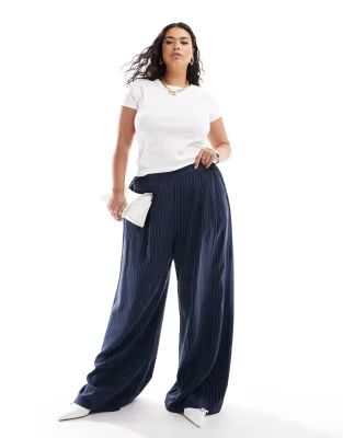 ASOS DESIGN Curve wide leg pull on pants in navy stripe | ASOS (Global)