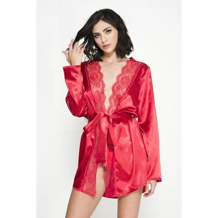 Long sleeve satin robe with lace scalloped trim and satin belt 60078-RED | Walmart (US)