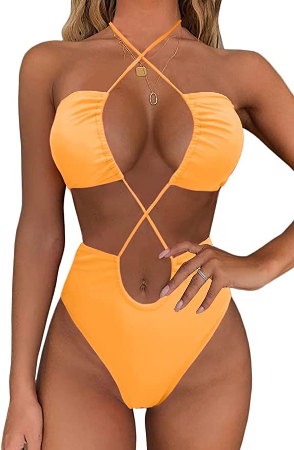 Womens High Waisted Bikini Set Bandage Lace Up Bathing Suit Cutout Push Up Strappy Halter Neck Sw... | Amazon (US)