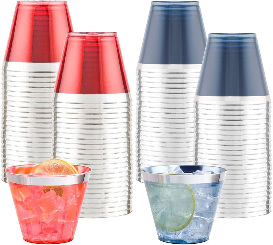 LIYH 100 Patriotic Plastic Cups for 4th of July, 9oz Red and Blue Disposable Plastic Cups,Silver ... | Amazon (US)