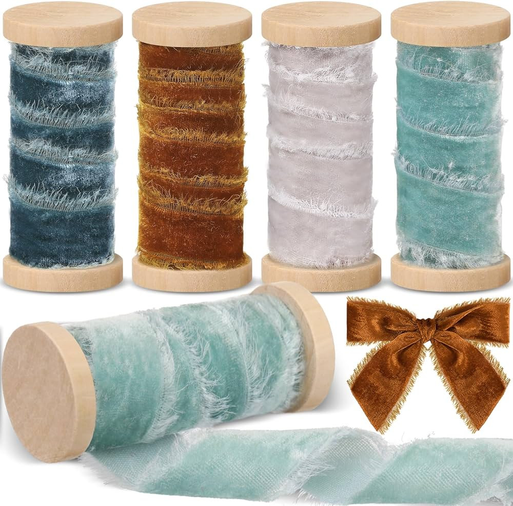 Preboun 4 Rolls 12 Yards Velvet Ribbon for Gift Wrapping Wooden Spool Silk Ribbon 1 Inch Wide Han... | Amazon (US)