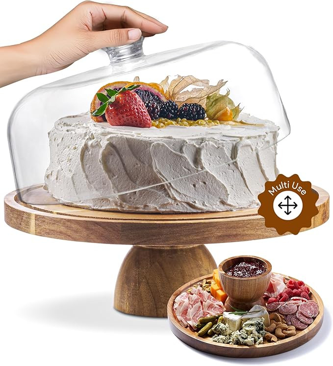 Acacia Wood Christmas Cake Stand with Dome Lid - 12in Round Holder, Holiday Hosting Essential for... | Amazon (US)