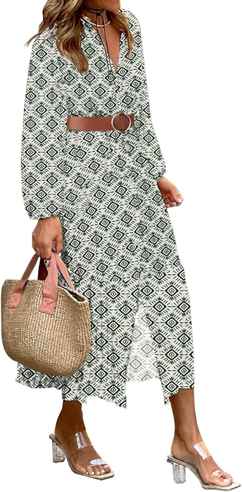 LOLONG Women's Casual Button Front Midi Dresses Spring 2025 Puff Long Sleeve Printed Ruffle Hem B... | Amazon (US)