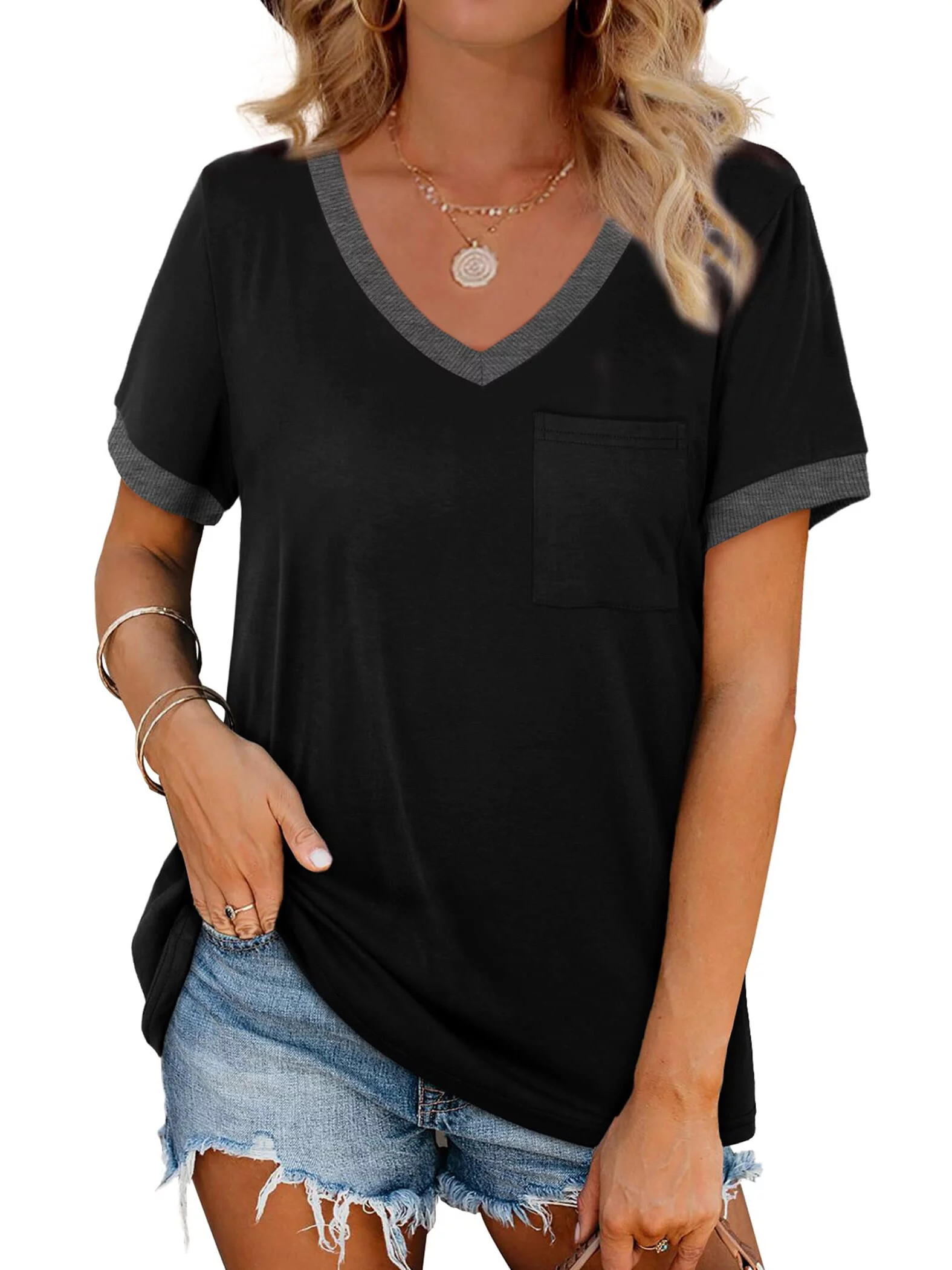 MOSHU V-Neck Women T Shirts Short Sleeve Loose Summer Tops for Women with Pocket | Walmart (US)