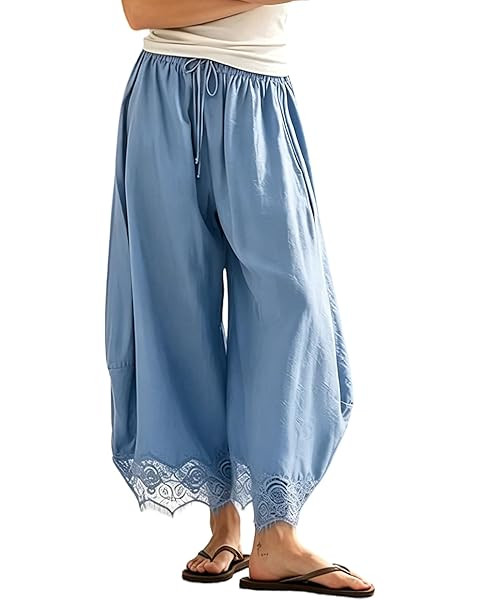 Anoumcy Lace Trim Wide Leg Pants for Women 2026 Spring Summer Cropped Lightweight Casual Pants | Amazon (US)