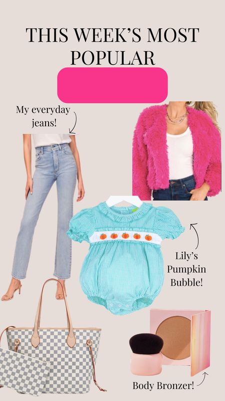 Top sellers of the week!

Use code TIFFANY10 to save on Smocked Auctions full priced items until 10/02! 

Use code TIFFANY to save on Tarte!

Abercrombie jeans
Red dress pink jacket
Pumpkin baby clothes
Designer inspired tote
Louis Vuitton inspired 
Body bronzer

#LTKSeasonal #LTKfindsunder50 #LTKbaby