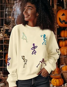 DUTUT Halloween Sweatshirt Women Skeleton Shirt: Sequin Dancing Skeleton Sweaters Spooky Season C... | Amazon (US)