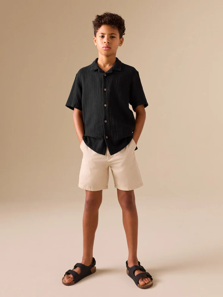 Black Short Sleeve Revere Collar Double Cloth Shirt (3-16yrs) | Next US