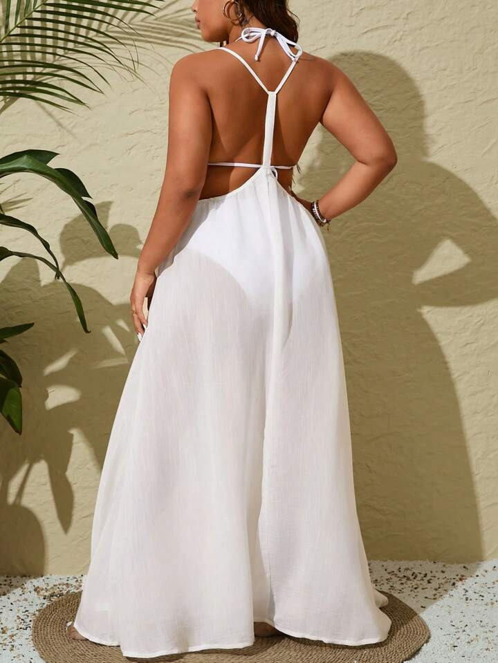 SHEIN Swim Chicsea Plus Size Women Solid Color Casual Long Maxi Sleeveless Coverup Dress Summer | SHEIN