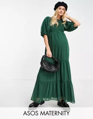ASOS DESIGN Maternity shirred tiered maxi dress in forest green | ASOS (Global)