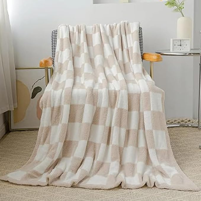 Microfiber Khaki Checkered Throw Blanket Ultra Lightweight Soft Cozy Warm Fluffy Knitted Camping ... | Amazon (US)
