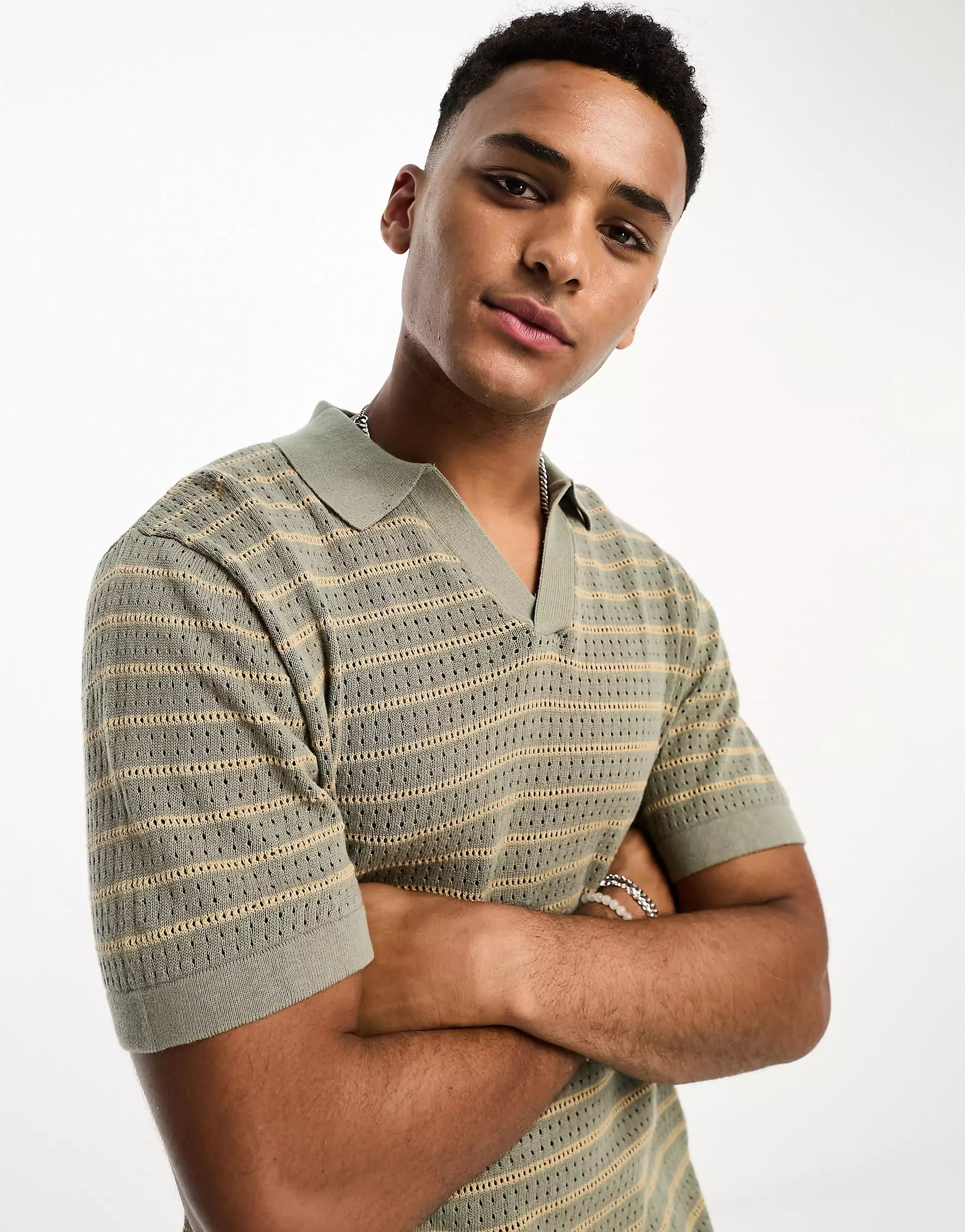 Selected Homme camp collar knit polo in gray stripe | ASOS (Global)