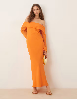 ASOS DESIGN fold over off the shoulder midi dress in orange | ASOS | ASOS (Global)