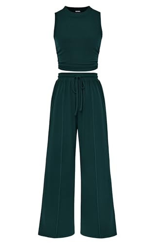 PRETTYGARDEN 2 Piece Sets for Women Summer Casual 2026 Spring Sleeveless Tank Ribbed Travel Vacation Lounge Wear Outfits (Dark Green,Small) | Amazon (US)