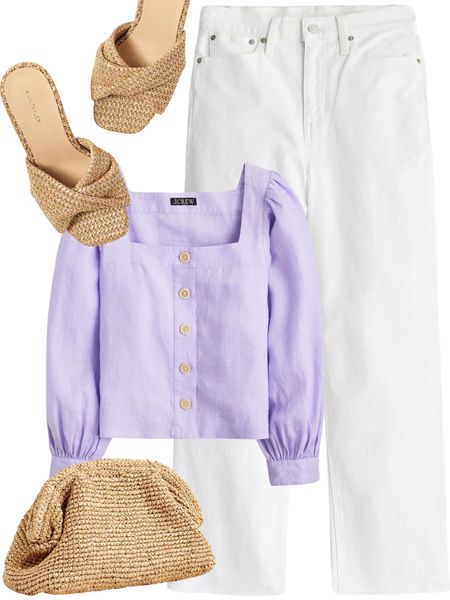Beautiful lavender top and white wide leg jeans outfit with raffia wedges and clutch

#LTKshoecrush #LTKsalealert #LTKfindsunder100