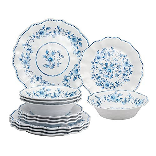 UPware 12 Piece Blue and White Floral Melamine Dinnerware Sets, Outdoor Dishes Set, Plates and Bowls Sets, Service for 4, Blue | Amazon (US)